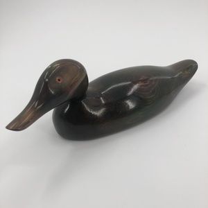 VTG Wooden Decoy Duck Solid Wood Body Glass Eyes Polished Grain Green Tints 15"